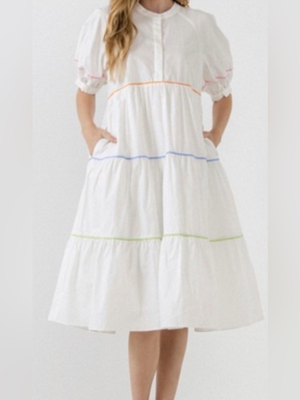 English Factory White Tiered Midi Dress with Pastel Trim